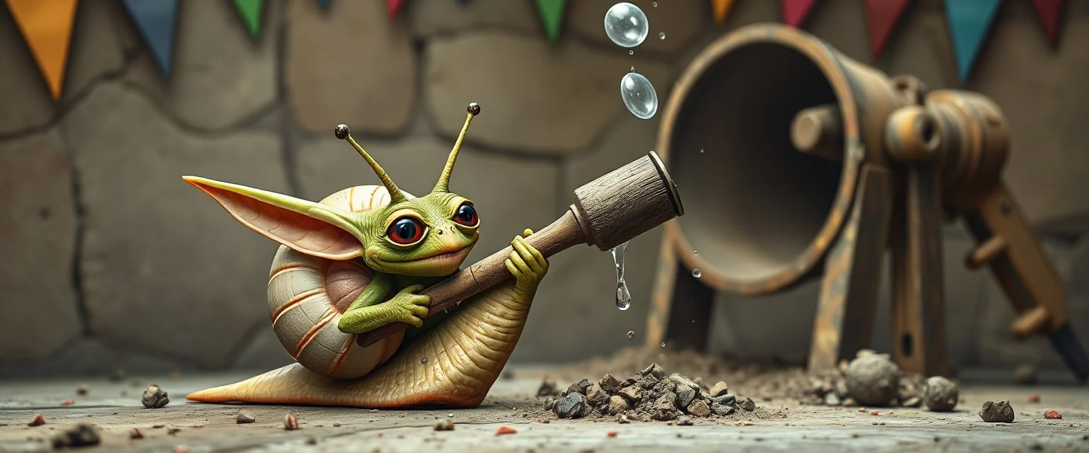 gremlin snegle på fest med stor slegge og borr fyller betongblander