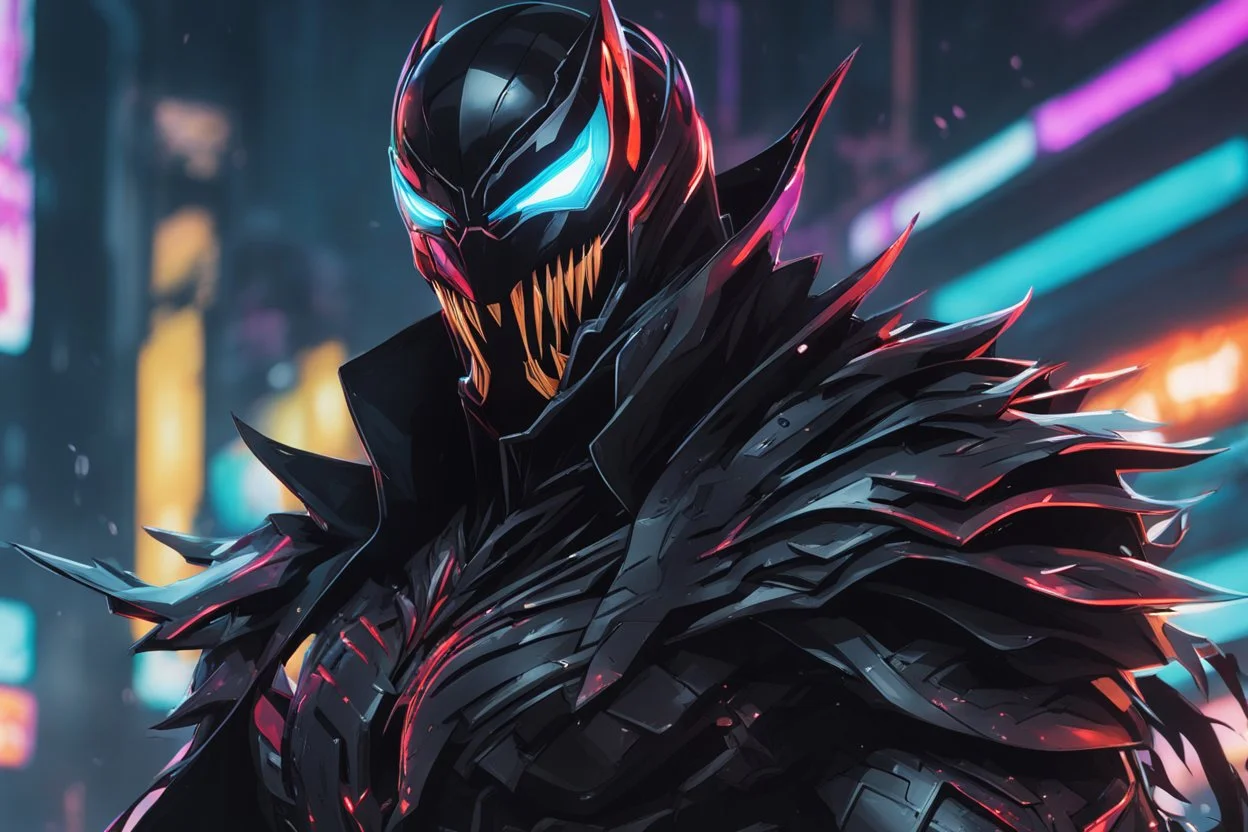 Venom Shredder in 8k solo leveling shadow artstyle, sombra them, close picture, rain, Shredder helmet, neon lights, intricate details, highly detailed, high details, detailed portrait, masterpiece,ultra detailed, ultra quality
