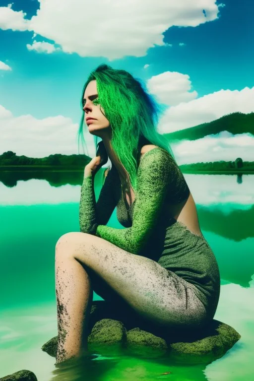 woman sitting on a rock, in a lake, green mottled skin, green hair, blue sky, white clouds