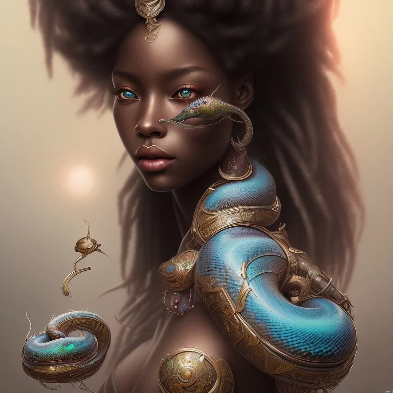 sango fantasy, fantasy magic, intricate, sharp focus, illustration, highly detailed, digital painting, concept art, matte, masterpiece head sexy view black African beauty black afro hair space lady turquoise snake skin Indonesian princess facing forward