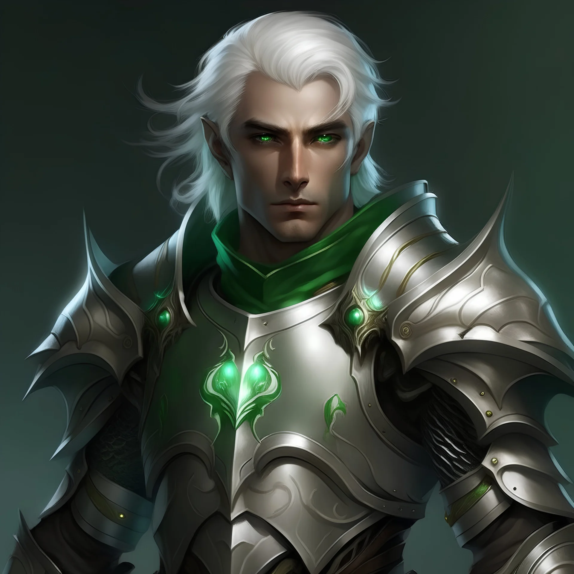 Please create an image for a young elven male with light brown skin, silver hair, and green eyes. He is wearing leather armor and is accompanied by a metallic robot