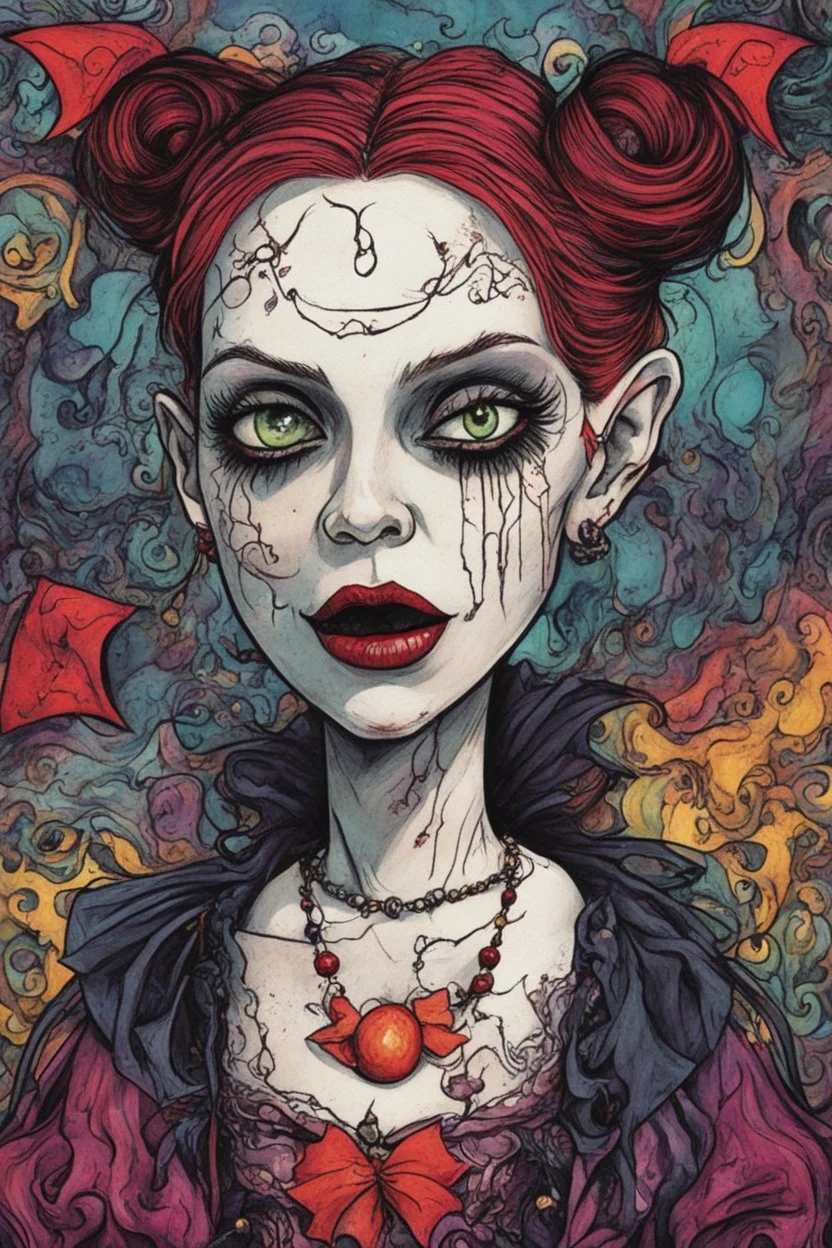 a cartoon illustration of a schizophrenic goth vampire girl , in the cartoon style of Lynda Barry , Ernie Pook's Comeek, vibrant natural colors, , museum quality masterpiece