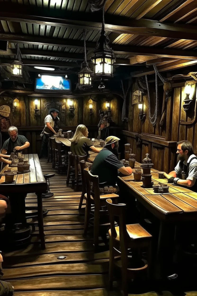 pirate tavern, pirates of the Caribbean style, tables with drunk people sitting