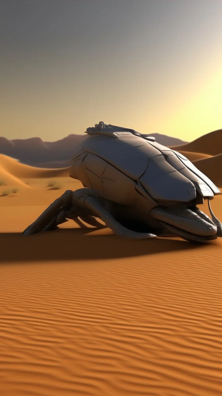 A zoom 3/2 view of Scorpion with a realistic background photo of a landscape covered in sands that looks futuristic with futuristic lighting , a caravan in the heat of the desert from the “Breaking Bad” episodes