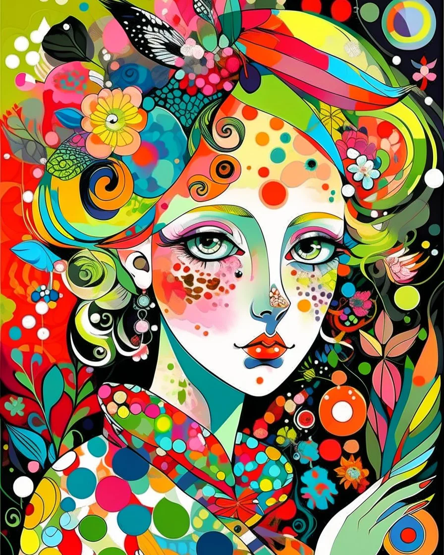 creative artistic modernist vibe, messy painterly, stylized illustration of a pale young woman with distinctive features, wearing a bold polka-dot outfit. She has extremely expressive eyes, sharp face, small nose and is adorned with oversized flowers in her hair. A delicate bird with intricate patterns is perched in her shoulder. bright accents color scheme with textured backgrounds. Overall style is painterly creative artistic modernist with a touch of whimsy vibe.