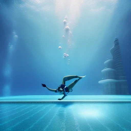 yoga diver diving into pool of ice, glass tower background, Menzoberranzan,4k, Highly Detailed, perfect eyes, Digital Illustration, Cinematic Lighting, Realistic, Sharp Focus, Centered, Beautifully Lit, Bioluminescent by Stanley Artgerm Lau