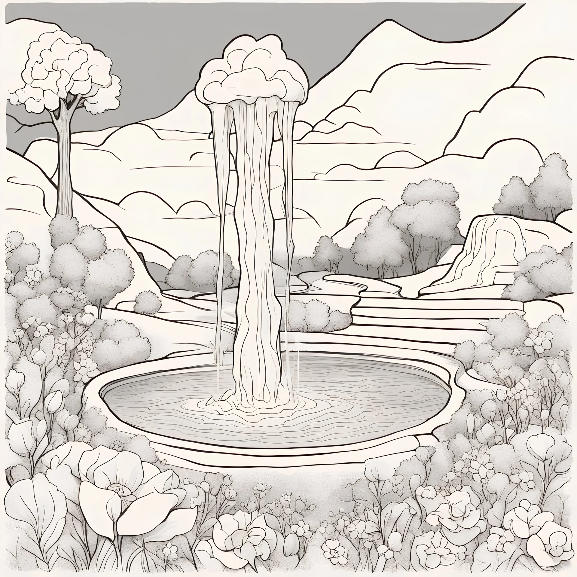 coloring page of A Geyser with flowers ,line art landscape,stone,cute flowers,cute trees, much details, dark outlines,vector --ar 2:3