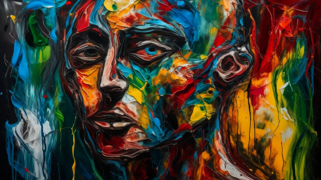 It creates an expressionistic portrait of a human figure, with dense and rough brushstrokes, intense colors and dramatic, almost sculptural contrasts, evoking the chaotic and material energy of Miquel Barceló, with an abstract background that integrates with the figure.