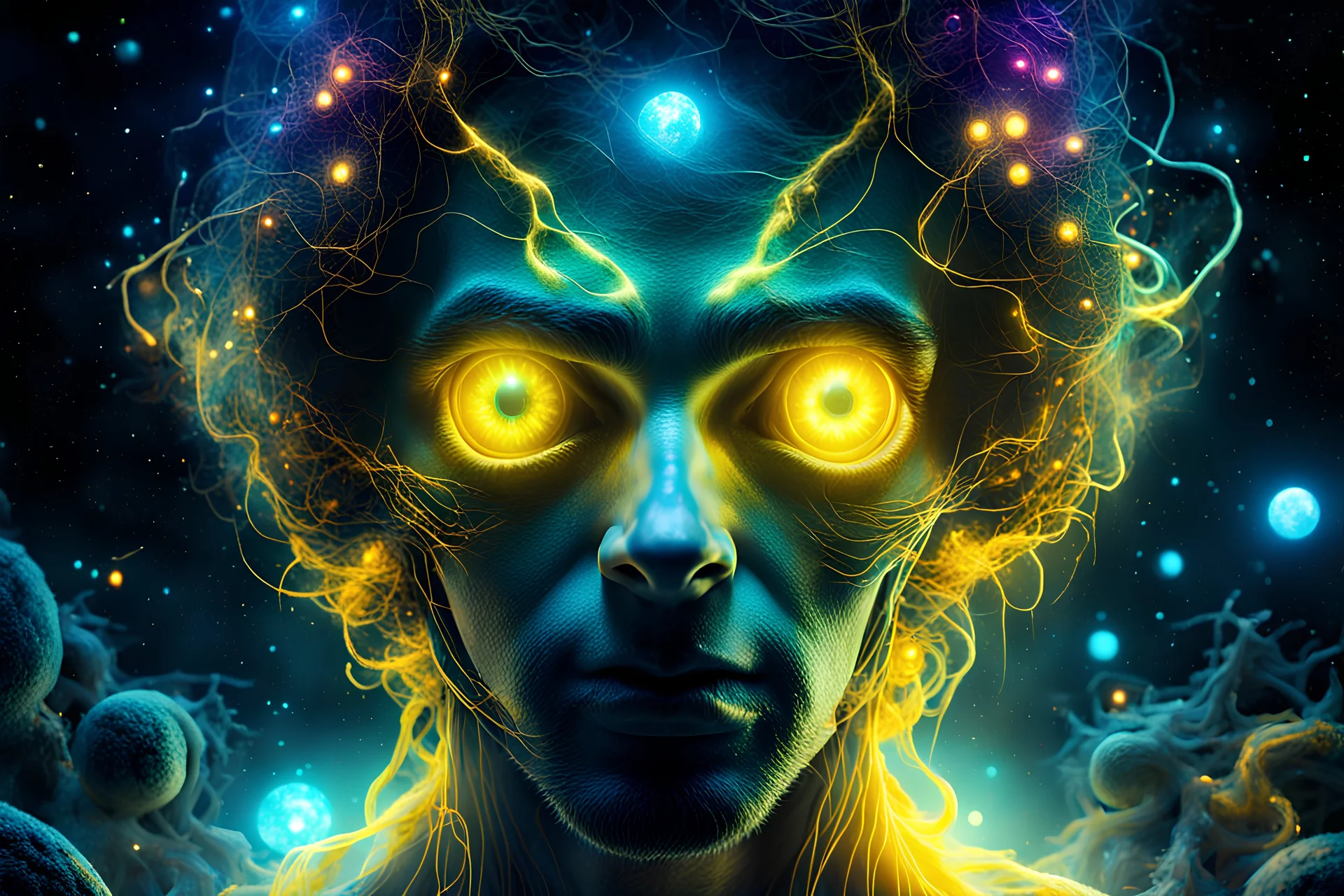 cosmic environment, Penn Badgley, ((yellow glowy eyes)), biomechanical, eerie, creepy, nightmarish, very bright colors, light particles, bioluminescence, Mschiffer, wallpaper art, UHD wallpaper