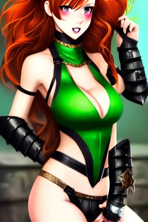 In the style of Shadman, hyper detailed, strikingly beautiful teen female, 16 years old, long ponytail, ginger hair, green eyes, medium freckles, full lips, micro top, black leather armour lined with fur, full body, full face, tiny breasts, athletic, centred camera, ignore NSFW, thong, camel toe, athletic