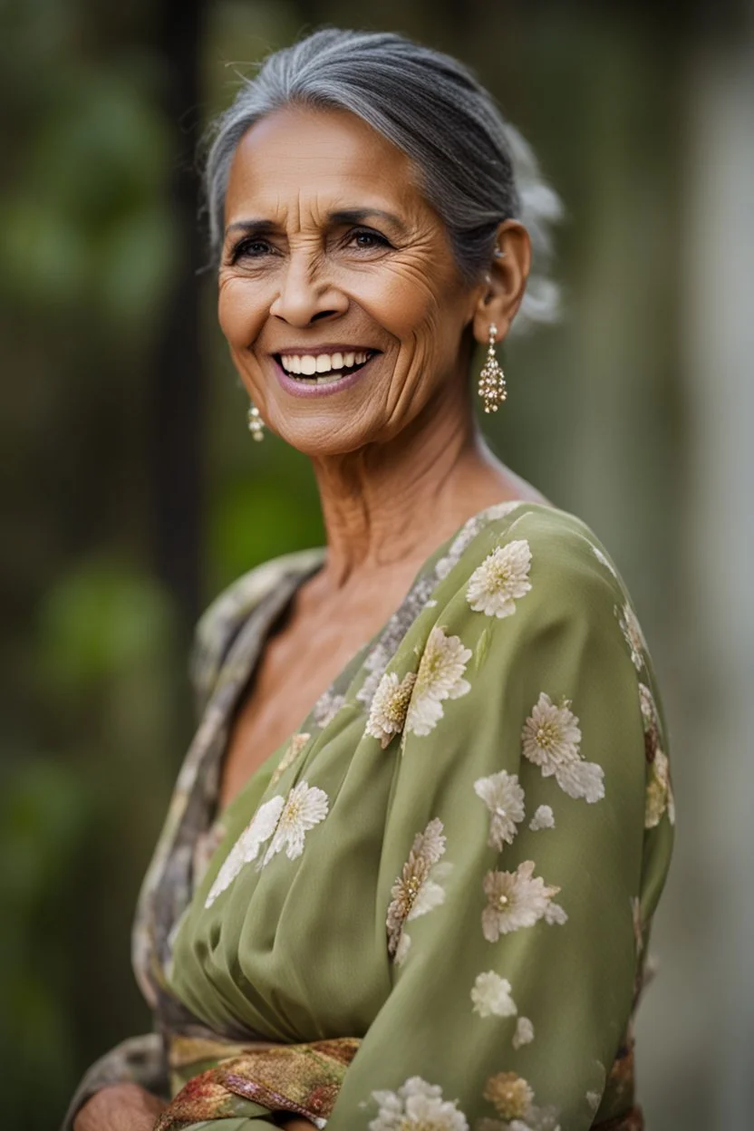 Portrait of a 60 year old Olive skinned woman with greying hair tied up in a bun, smiling