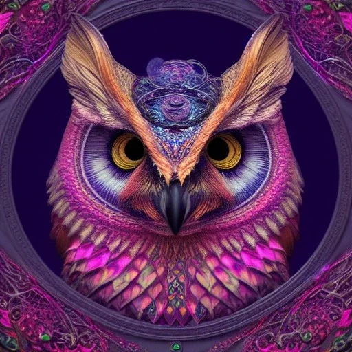 A portrait of a magical creature, mythical, fantasy , magnificent, majestic, highly intricate, Realistic photography, incredibly detailed, ultra high resolution, 8k, complex 3d render, cinema 4d, owl/fox, creature hybrid, high resolution photo, trending on artstation, psychedelic, blacklight colors, mandala