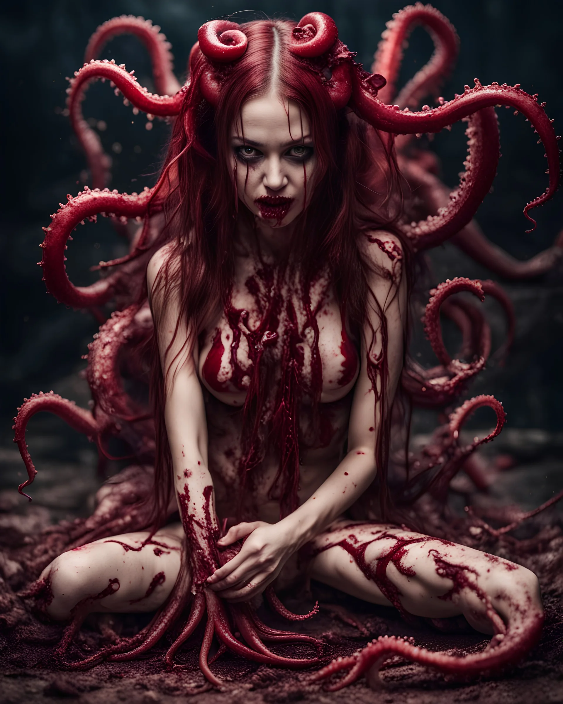 Petit cute woman with many tentacles out from his body, sit pose, fullbody, splashes blood, behind guts rising from the ground, darkred tones, macro photography,