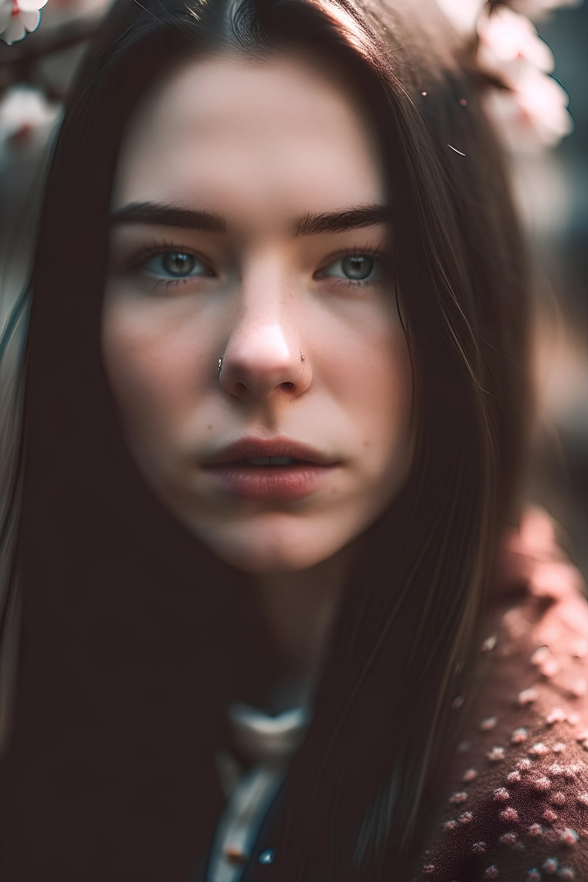 An incredibliy detailed close up macro shot of a 20 years old female model, long dark hair, an artistic portrait, detailed skin, detailed hair, facing to the camera, looking at the camera, cherry blossom falling in the shot, dreamy mood, film photography, realistic, low aperture, bright image, cute, artwork