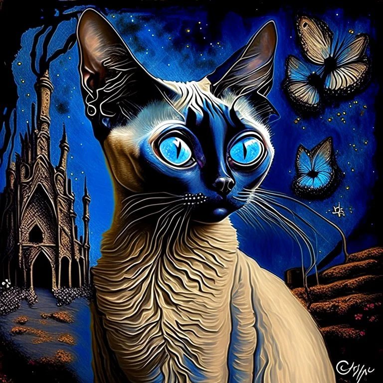 Starry night and Siamese cat, digital painting, fantasy, illustration, hyperdetailed, high definition, crisp quality, horror, dark, surreal, Weird, Tim Burton, creepy, Graphic novel, maximalist, Dr. Seuss, haunting, bizarre, frightening, Terry Gilliam, vintage, illustration