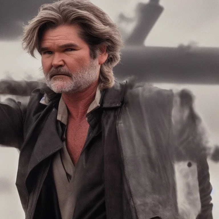 Kurt Russell as Han Solo, dramatic light, close up, smoky background, high detail, cinematic, vignette