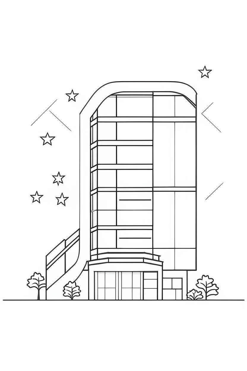 future STAR hotel, flat vector, full view, only draw lines, clean line art, –no sketch, white background, minimalistic black lines, minimal black color, coloring page, thin black line art, perfect shape, perfect clear lines,