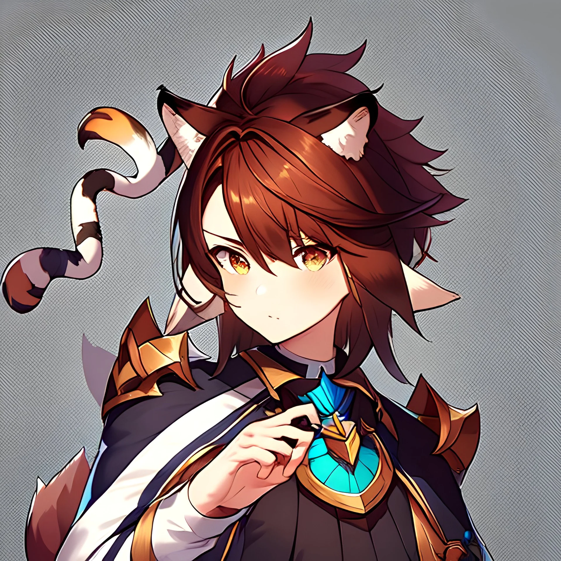 Anime portrait, anthropomorphic wolf character with fox ears and a tiger's tail, 8K resolution, ultra graphics, high quality, and detailed with lines.