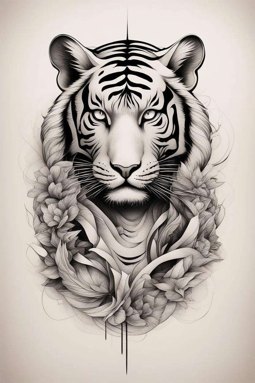 Create a captivating modern 2d ink tattoo design for print , prestigious Divine Tiger using the elegant influences of japan art style, for print, dynamic elements from fashion and design, and bold Japanese contemporary art aesthetics, framing centered in the center, distanced from the edges of the paper perimeter, perfect anatomy, bauhaus, Divine Proportion,