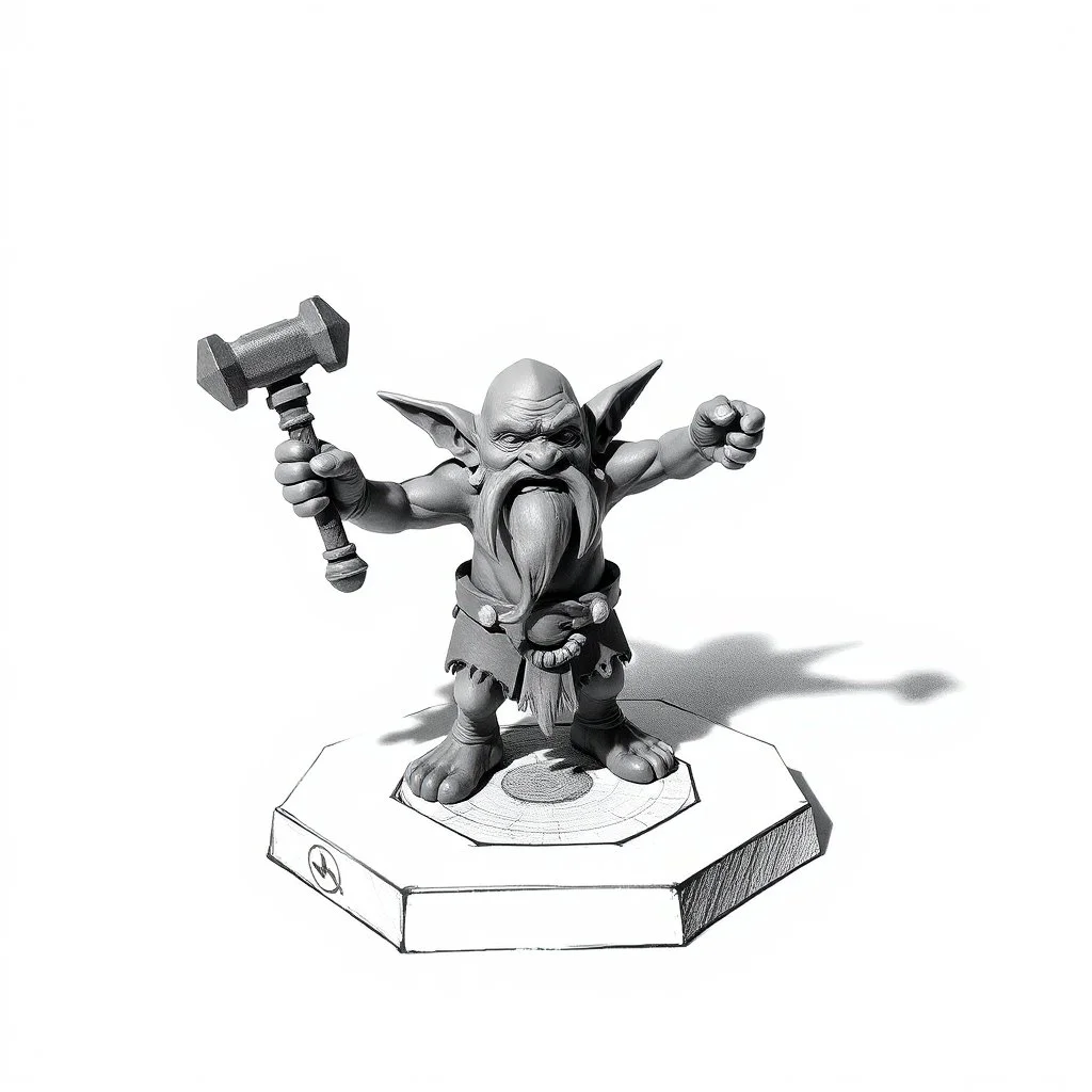 bronse low poly, "pompel og pilt ", goblin troll miniature model half painted arms outstretched holding battle hammer offering gift, standing on black and white pencil drawn hexagon grid, dwarf is whacking finger on hands and shadows of artist