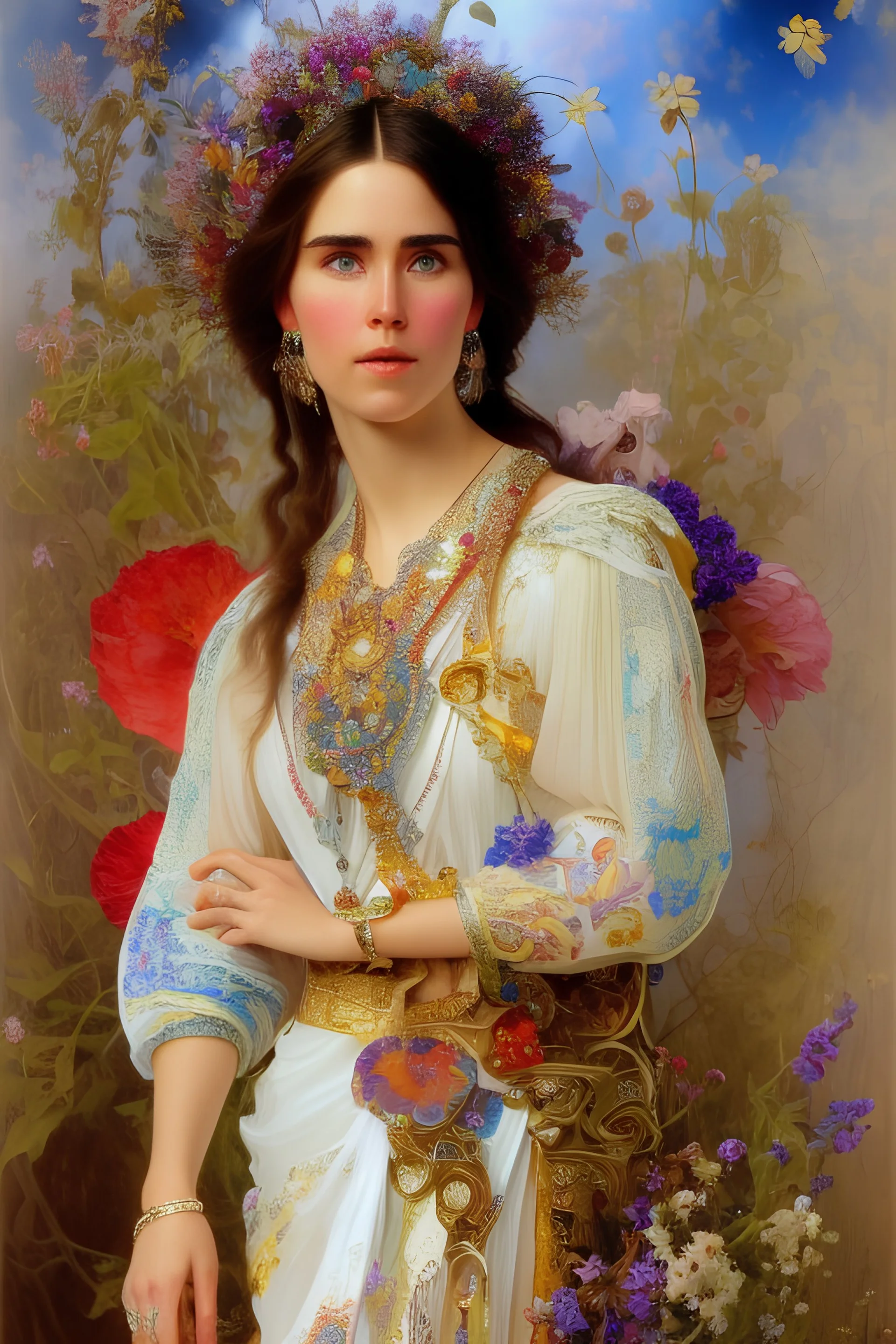 art by alfons mucha, full body image of 25-year old Jennifer Connelly, HDR, photo-realistic, scientific detail