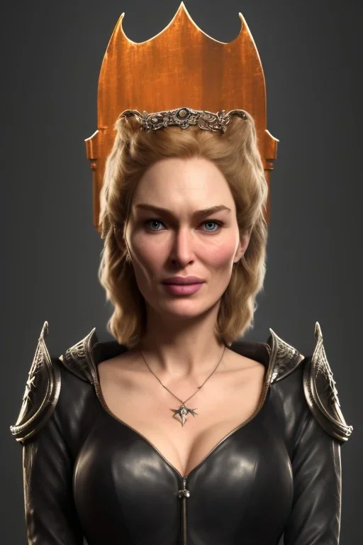 Cersei Lannister as evil queen in black leather, busty, cleavage, curvy, lena headay, angry, stern look. character design by cory loftis, fenghua zhong, ryohei hase, ismail inceoglu and ruan jia. unreal engine 5, artistic lighting, highly detailed, photorealistic, fantasy