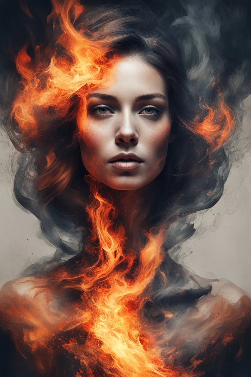 An abstract and captivating digital artwork, portrait of a woman with burning edges