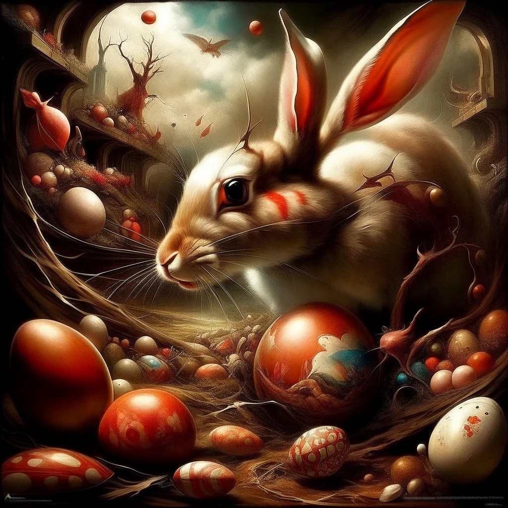 Metaphysical art, Easter eggs and rabbit, in the style of Hieronymus Bosch, by Antonio Mora, by Patrice Murciano Modifiers: oil on canvas ultra detailed earth tones red tones decadence harsh light Mark Heine Double Exposure Effect metal paints