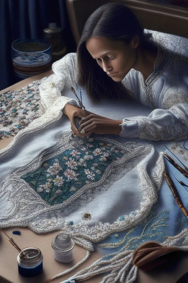 Hand sewn and embroidered Alicia Vikander, threads, sewing needles on a table on lace blanket