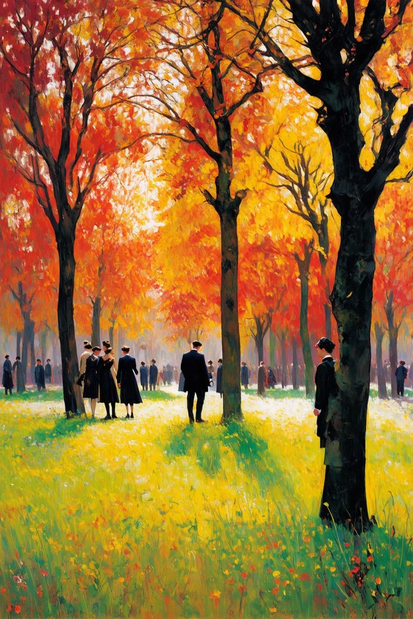 Trees, forest, autumn, grass, distant people, flowers, gothic horror films influence, mistery, charles leickert, and konstantin korovin inpressionisn paintings