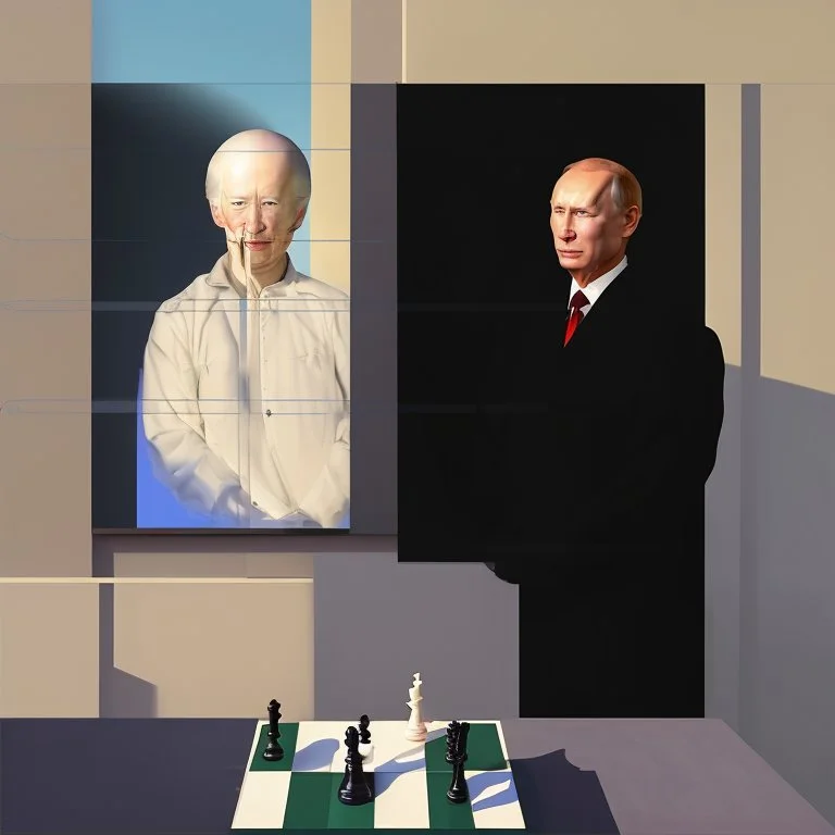 Putin, President Xi Of China And Joe Biden Play Chess With A Pigeon,Ufo And Atomic Bomb Mushroom Cloud,Complex Surgical Instruments Intermixed With A Newborn Boy,Minimalism,Painting By Adrian Ghenie,Rene Magritte,Pablo Picasso,Michelangelo,Salvador Dali,Lucian Freud