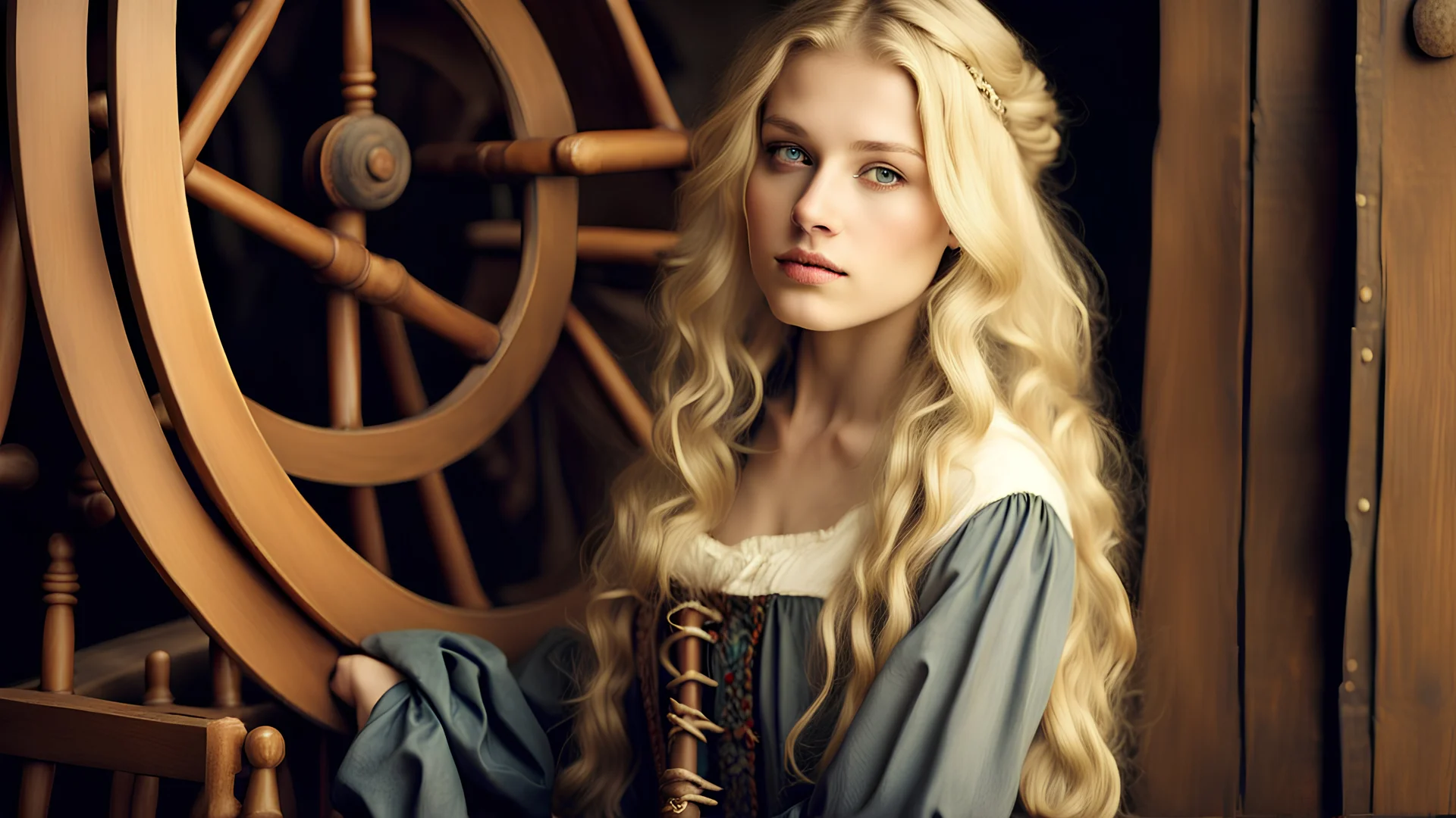 Sharp focus and high resolution closeup of a beautiful and slender caucasian 17 year old teen girl with long wavy platinum blonde hair. She is wearing a medieval peasant dress with a coset. She is seated at a spinning wheel gazing at the viewer. She has a cute nose, detailed full lips, skin texture. Natural lighting and low contrast. Face framed.