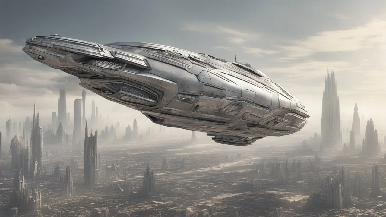 a photorealistic sleek silver spaceship flying over a futuristic ruined city