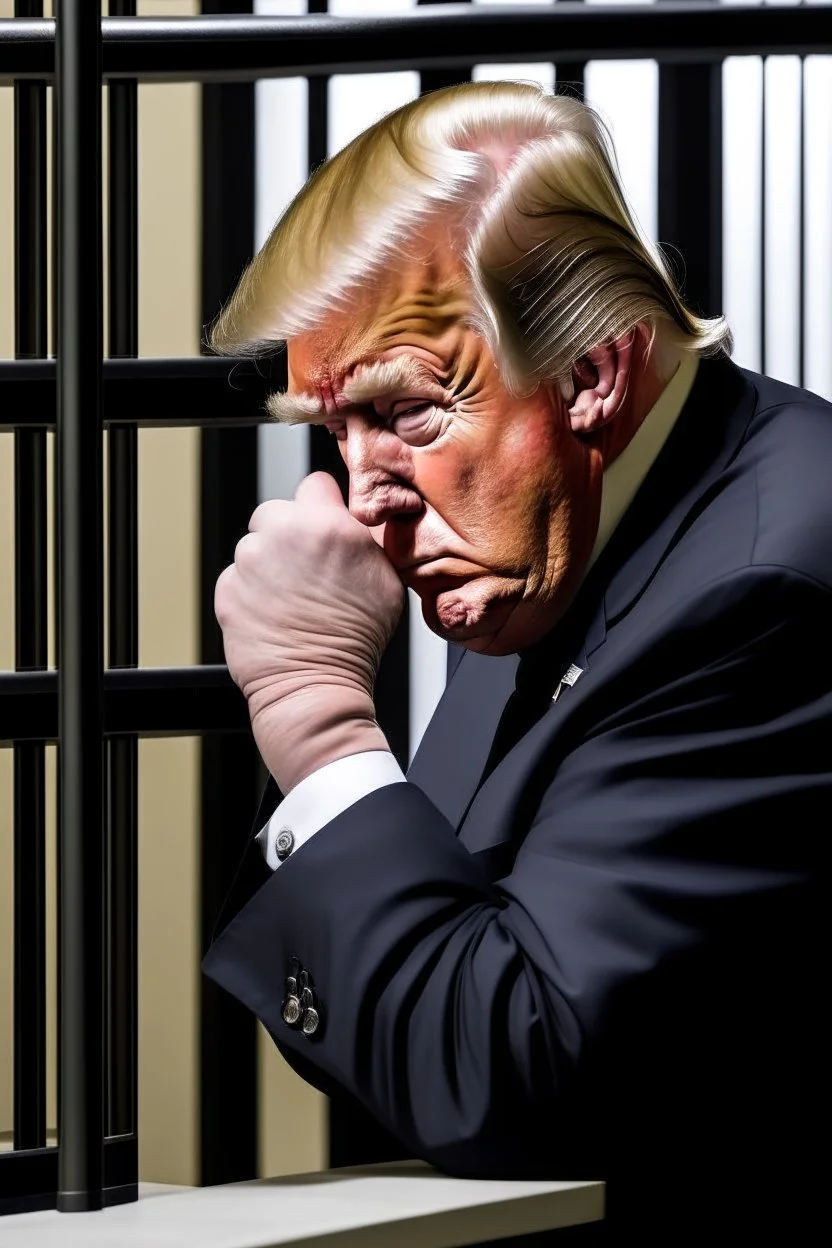 president donald trump angrily crying in a prison cell