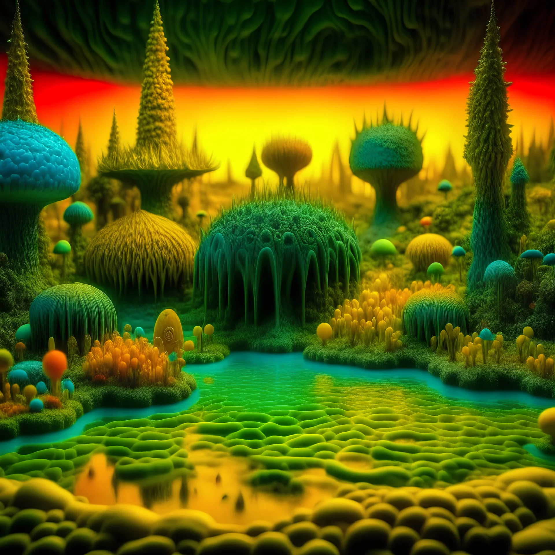 Odd swamp landscape with odd beings surreal abstract Max Ernst style, 120mm photography, sharp focus, 8k, 3d, very detailed, volumetric light, grim, fine art, very colorful, ornate, F/2.8, insanely detailed and intricate, hypermaximalist