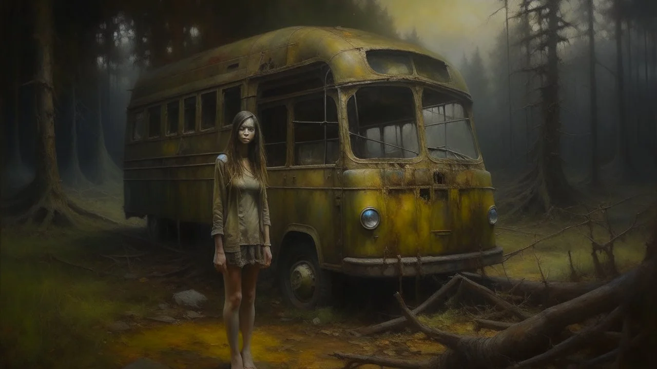 A hauntingly beautiful oil painting that captures the essence of a post-apocalyptic world. The central figure is a woman, standing in front of a crumbling bus in a dense forest. Her tattered dress, with holes and frayed edges, contrasts against the muted, desaturated colors of the landscape. The dilapidated bus in the background adds to the desolation of the scene. The woman's facial expression is a mix of sadness and determination, as if she is both lost and resilient in this desolate environme