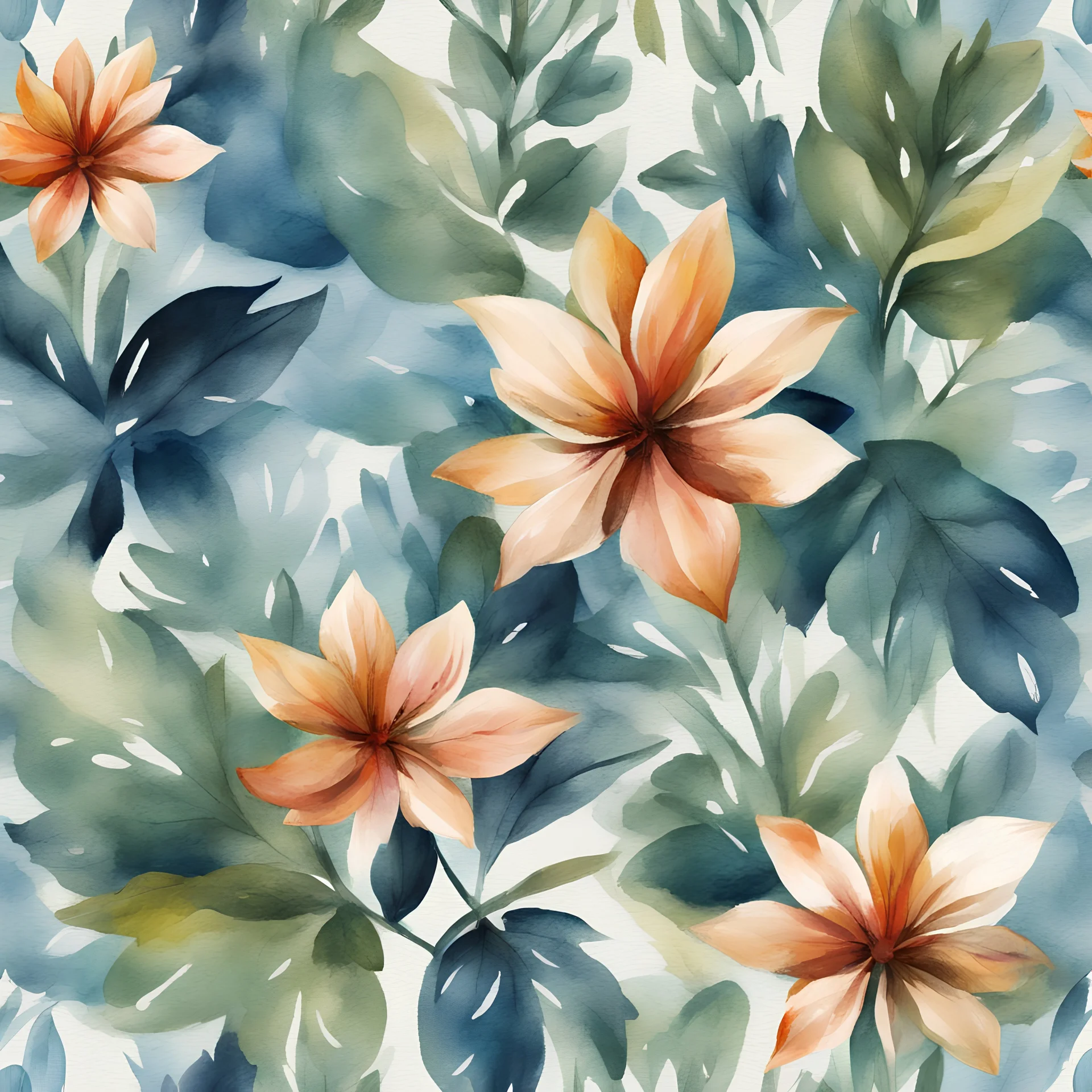 A flower with many leaves is depicted on the canvas watercolor seamless pattern handdrawn brush colors pattern