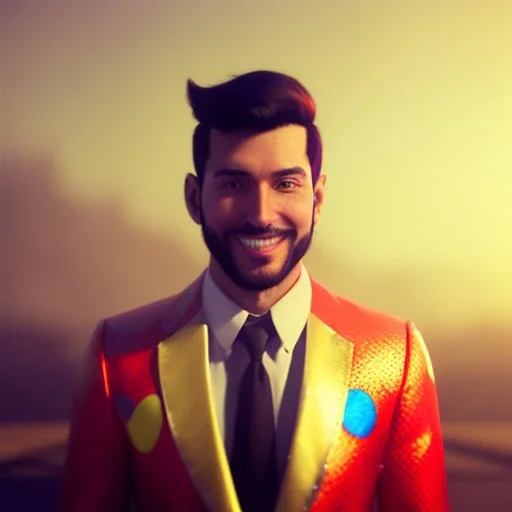 circus, ringleader, Arthur Kulkov, front, handsome, muscular, male, Russian, buff, fantasy, anime, at dawn by atey ghailan, mystical colors, Golden hour, Lisa Frank fantasy