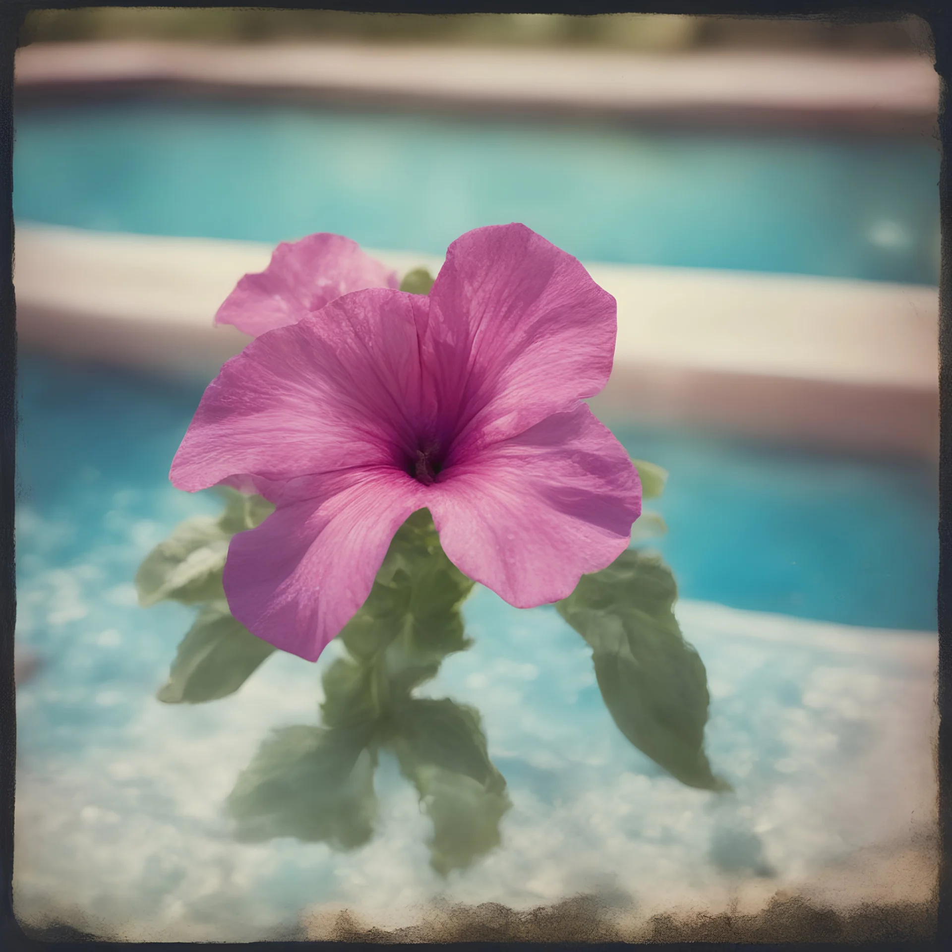 petunia in a swimming pool, old damaged polaroid, sunny day, vivid colors, bokeh effect