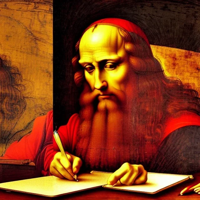 leonardo da vinci works on laptop at his desk. painting in photoshop. hyperdetailed, warm colors, movie poster, oil on canvas,