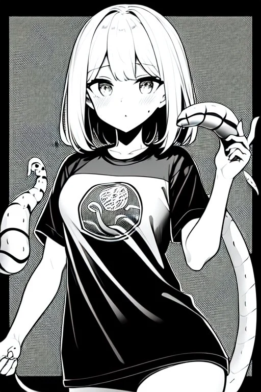 girl in T-shirt covered with snakes, greyscale