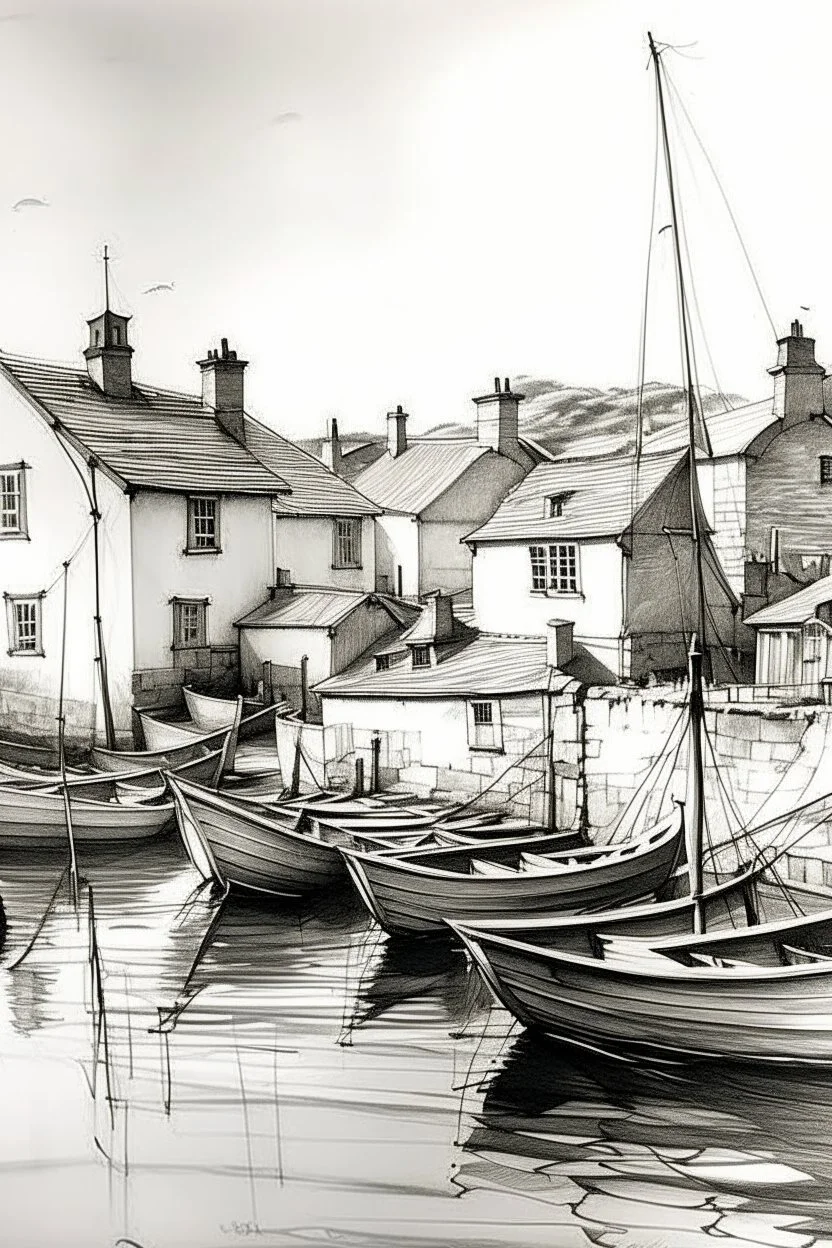 Fine line pencil Sketch of English fishing village in style of john singer sargent