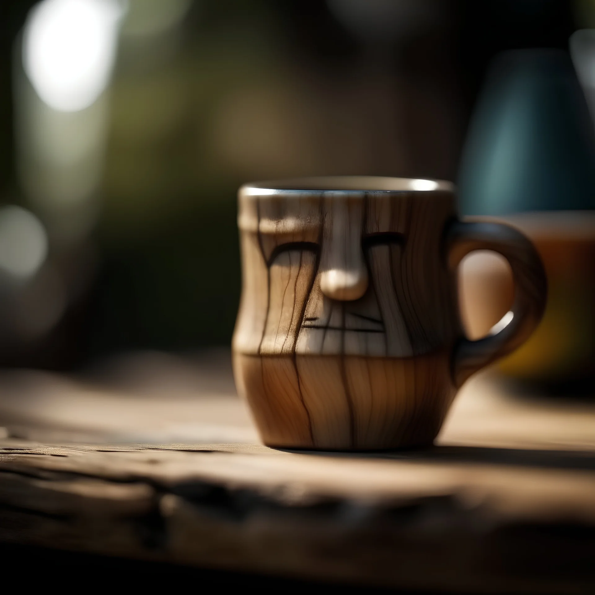 a wooden mug come to life with a big frown blurred background