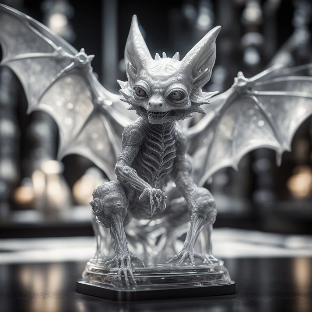 giger escher bat kobold sculpture in transparent white murano glass,bokeh like f/0.8, tilt-shift lens 8k, high detail, smooth render, down-light, unreal engine,bokeh like f/0.8, tilt-shift lens 8k, high detail, smooth render, down-light, unreal engine