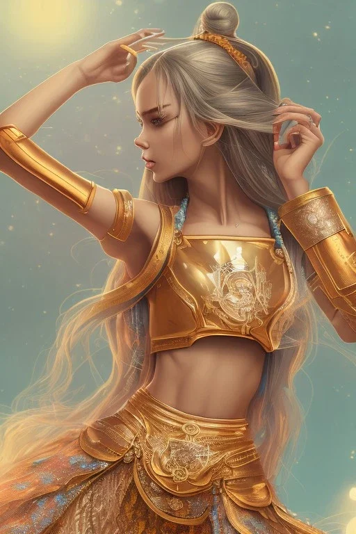 isometric clean art of super beautiful lady, soft lighting, shin hanga high definition, blender 3d, beautiful, long hair, bismuth filigree blonde hair, skin-tight metallic orange and teal cropped top and miniskirt