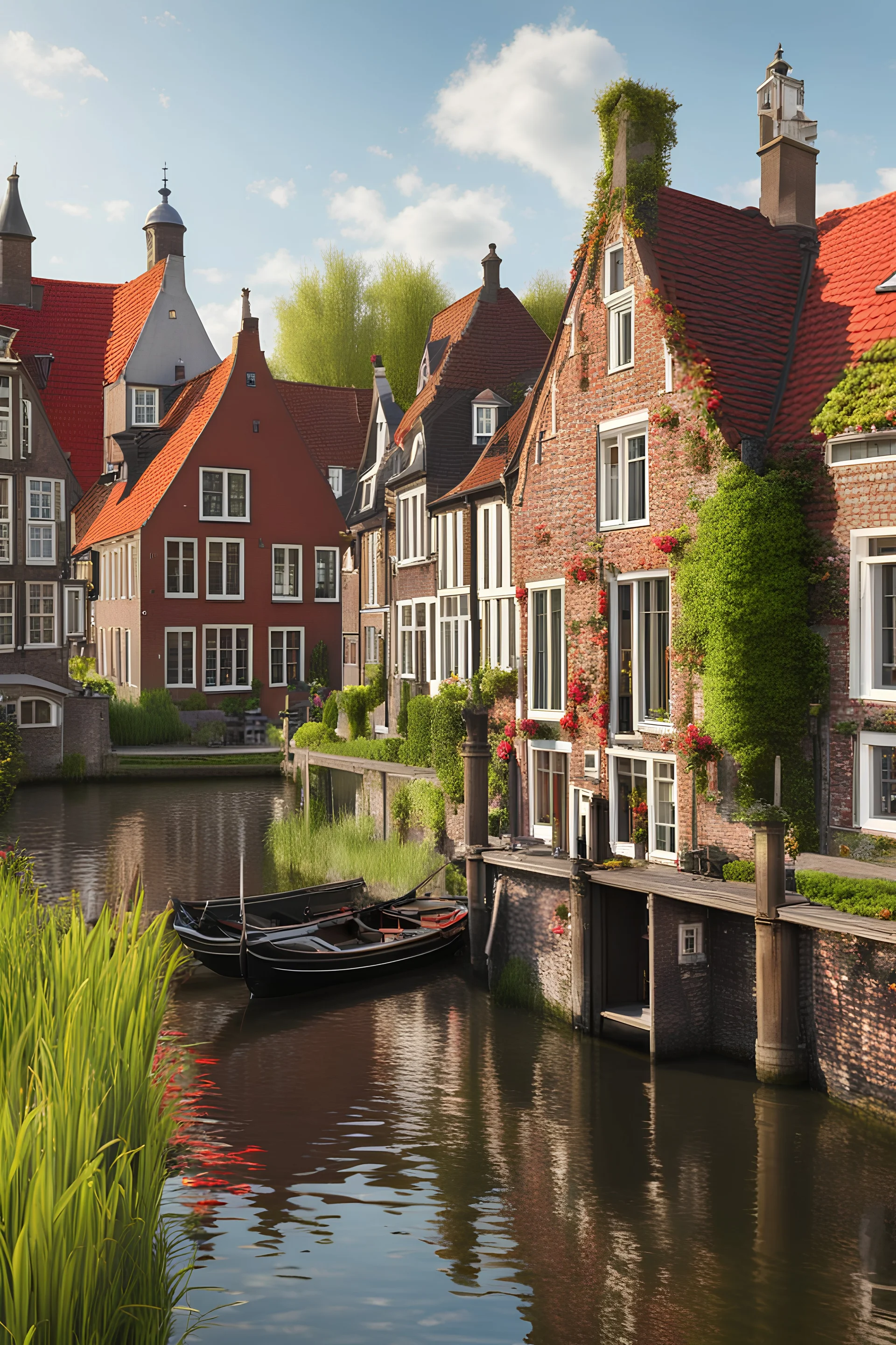 a beautiful Dutch scene in Holland, with gobbled houses with red roofs and canal, frontal view, photo realistic, 8K
