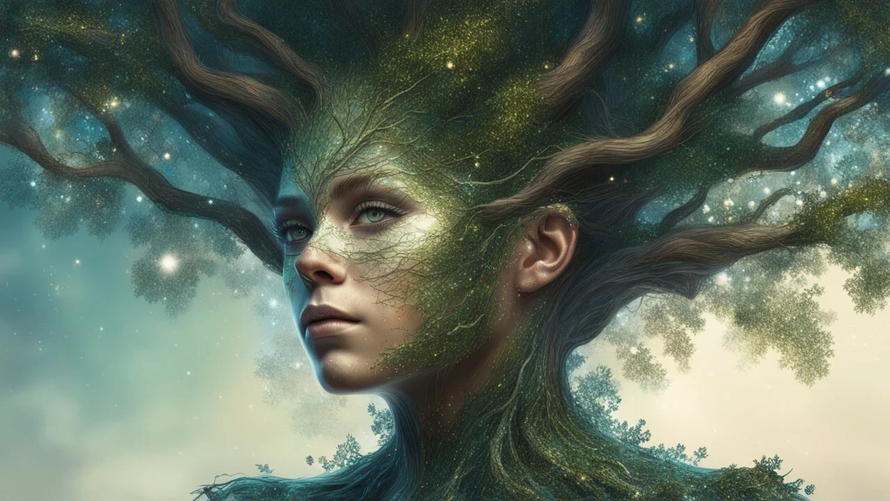 tree woman, digital painting, glitter, clean lines, detail, fine rendering, high resolution, 4K, photorealism, sharp focus, double exposure, fantasy,