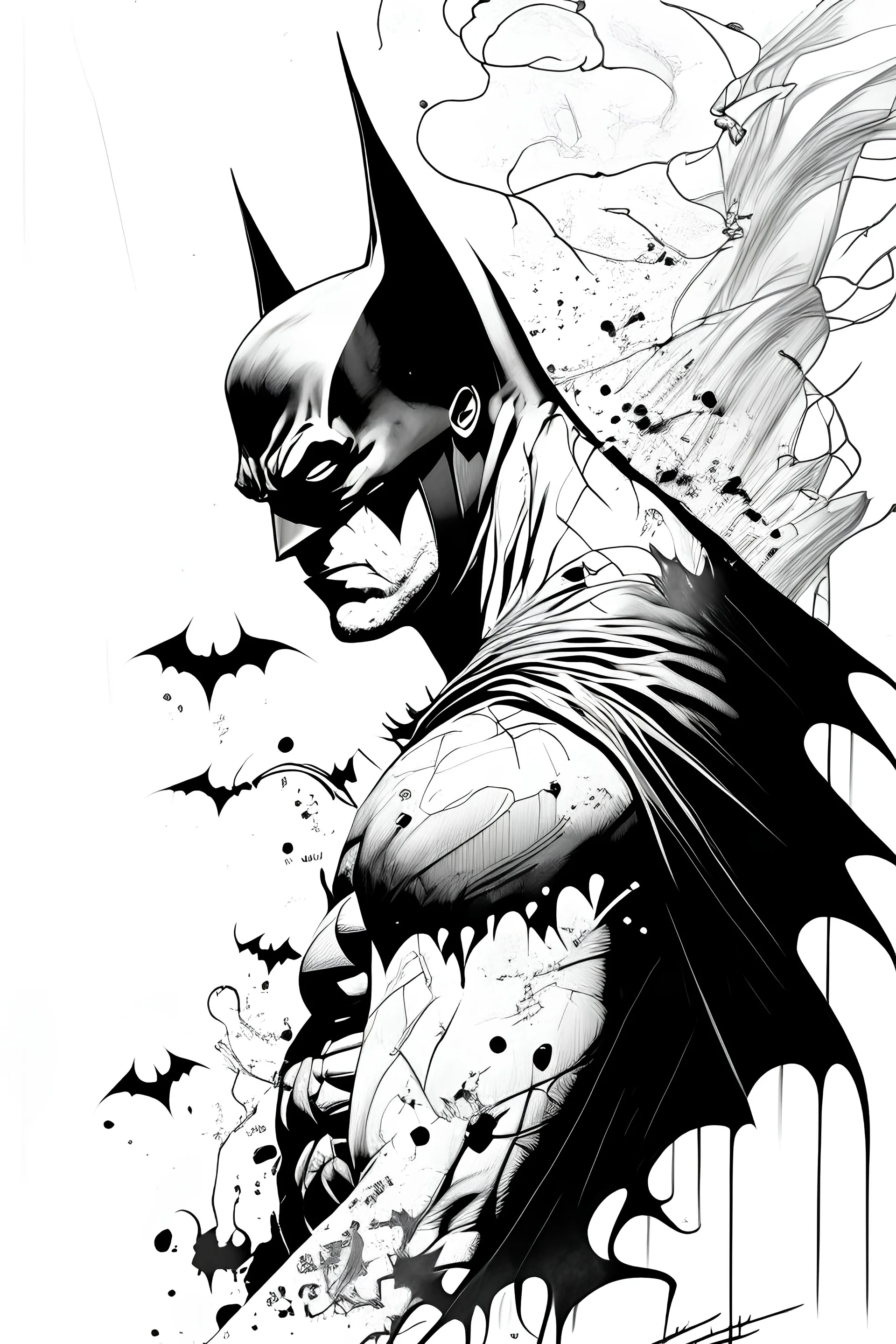 llustration en noir et blanc avec des lignes fines comme dessiner un stylo à encre dans un style de tatouage d'un Batman effrayant sur fond blanc comme une bande dessinnee en 10 images