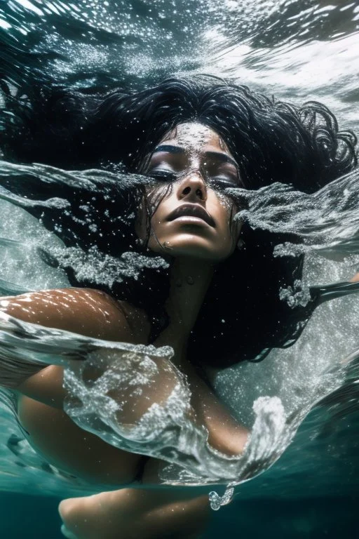 a beautiful woman, long curly black hair,closed eyes,coming from beneath the water,braking the surface with her face just coming out the water,looking up symbolism for breaking free. realistic,8k quality, action close shot from areal view,highly detailed , chaos 80