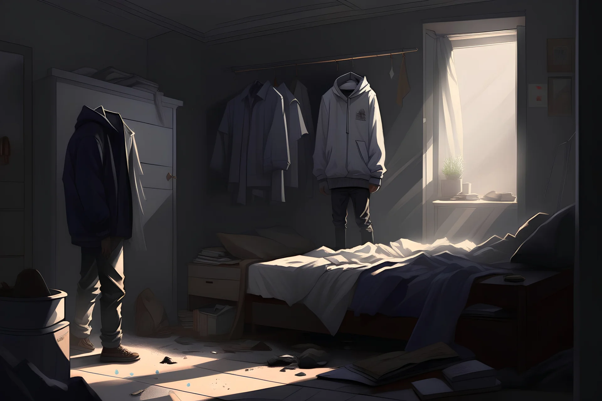 Digital art, high quality, digital masterpiece, natural illumination, spotlight, realistic, (1 tiny man:2), (Space Outfit:1.5), (on a huge bed:2), (surrounded by laundry clothes:1), (under a female shadow:1), (A opened door at background:2)